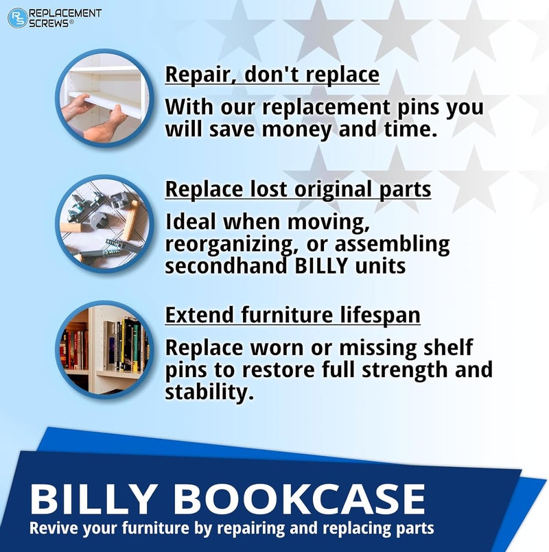 ReplacementScrews 4pcs Billy Bookshelf Pins / Pegs Compatible with IKEA Part 131372 - Zinc Alloy Die-Cast Shelf Supports - Image 5